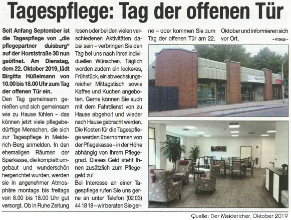 Tagespflege Duisburg Tag der offenen Tür Presseartikel in Der Meidericher Oktober 2019
